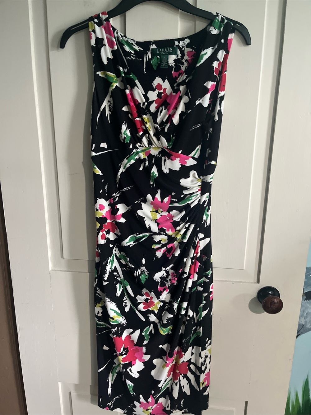 Ralph Lauren Black Midi Dress with Pink, White & Green Floral Print